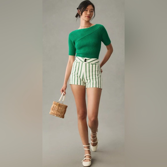 MAEVE Anthropologie Chunky Ribbed Short Sleeve Tee Sweater Bold Green Medium - Picture 1 of 12